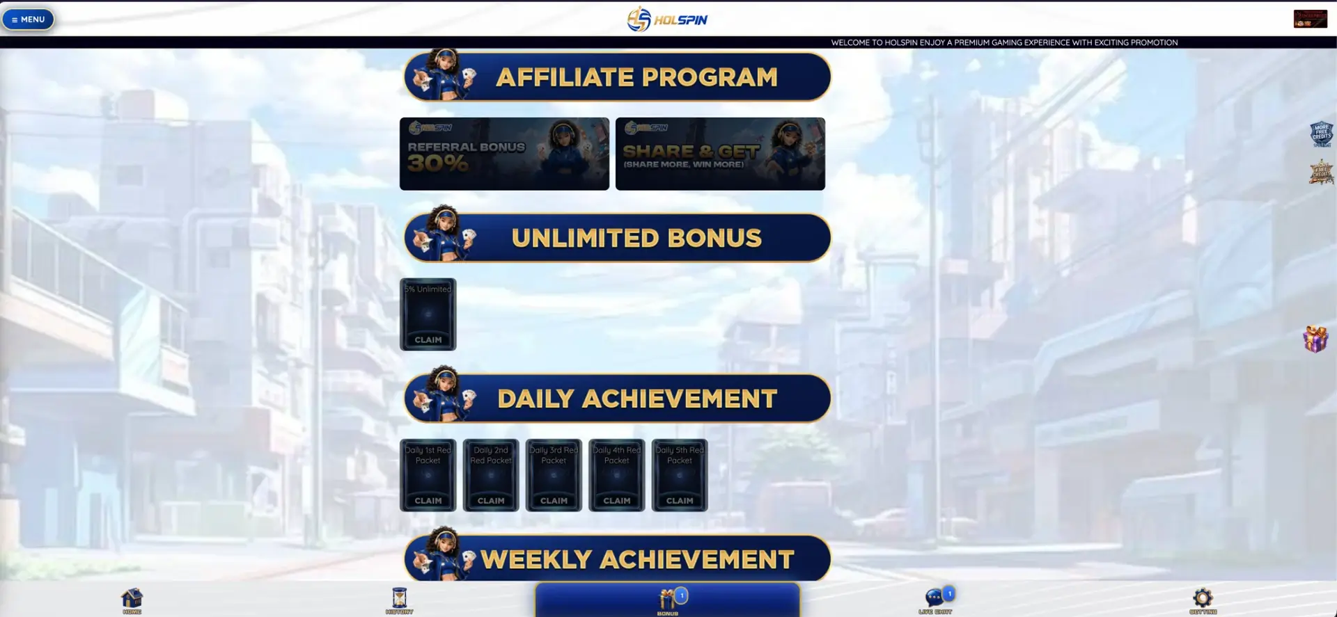 Holspin affiliate and daily rewards