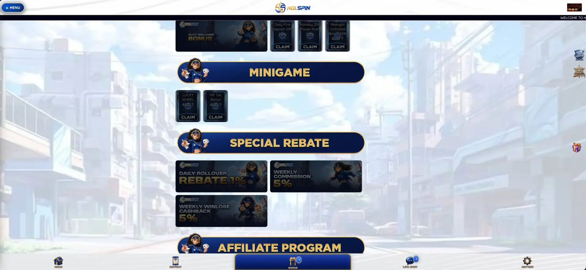 Holspin mini games and rebates